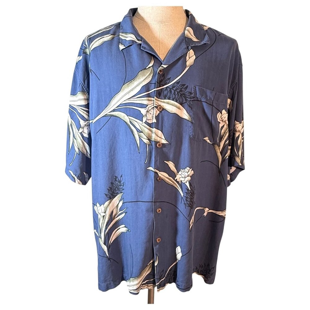 Mens Hilo Hattie Hawaiian Shirt Silk Blue Floral Button-Up Size 2XL Short Sleeve